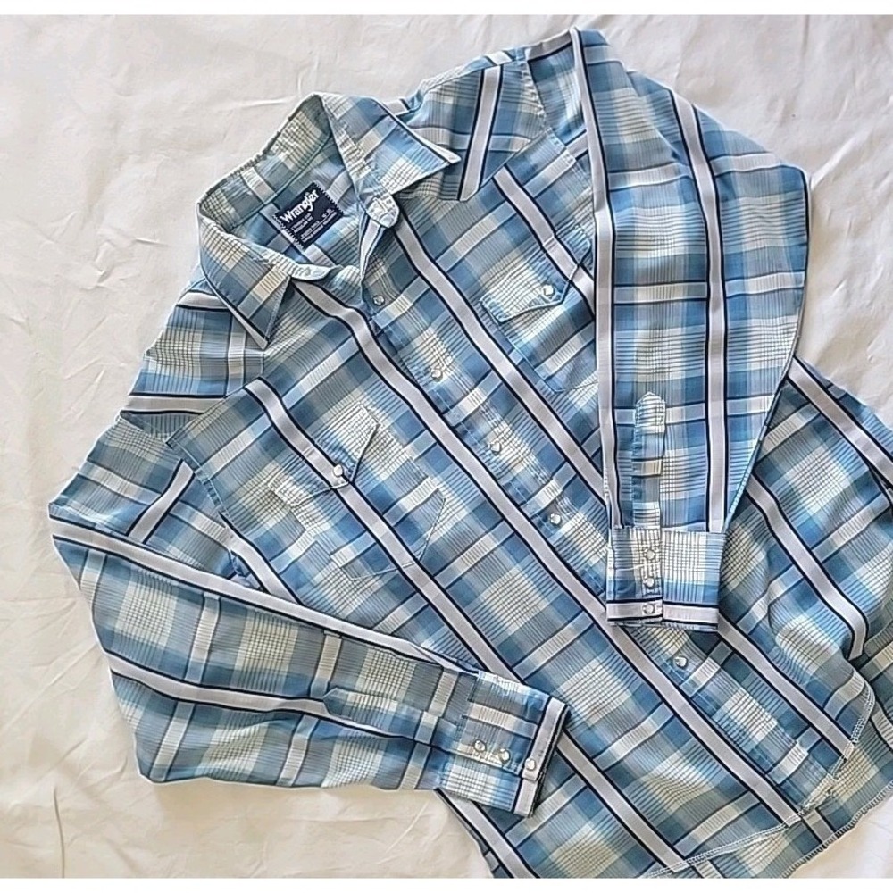 Wrangler Cowboy Cut Western Pearl Snap Long Sleeve Blue Plaid Shirt Men's Large